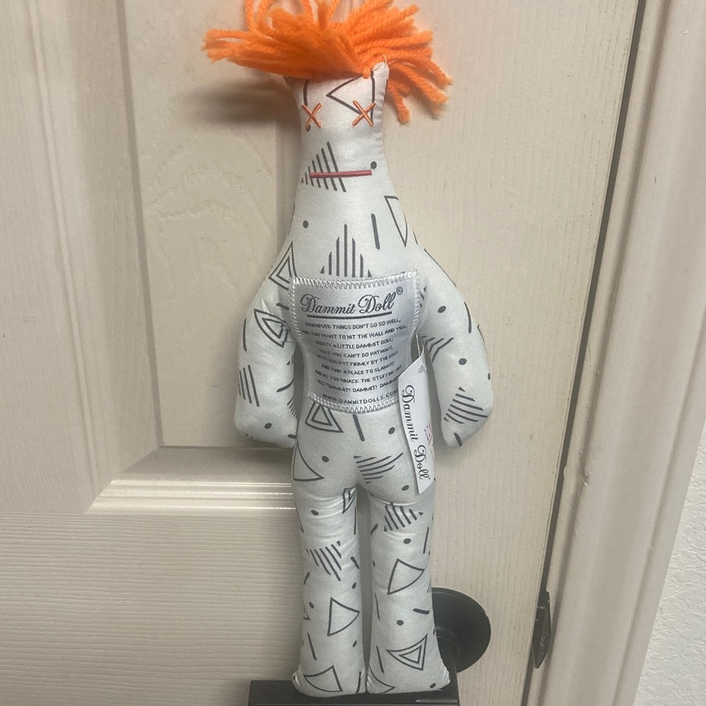 Dammit Doll White with Black Triangles, Lines and Dots Orange Hair NWT